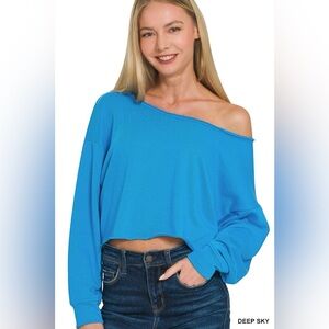 Zenana French Terry Boatneck Crop Top